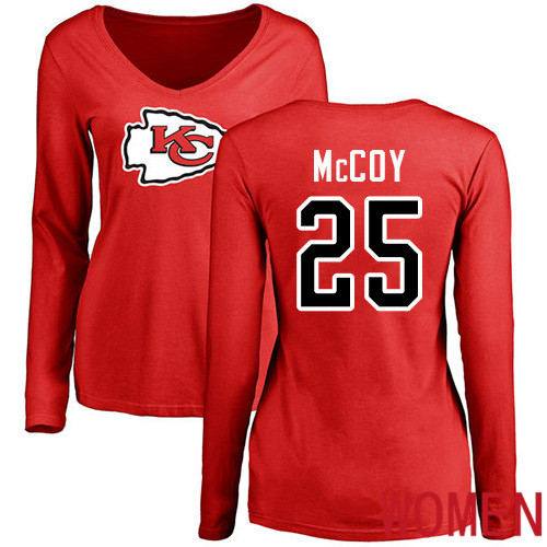 Women Football Kansas City Chiefs #25 McCoy LeSean Red Name and Number Logo Slim Fit Long Sleeve T-Shirt